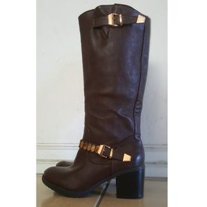 Forever 21 Shoes - Gold Studded-Strap Brown Knee High Boots 👢🍁 Forever 21 Shoes - Gold Studded-Strap Brown Knee High Boots 👢🍁
